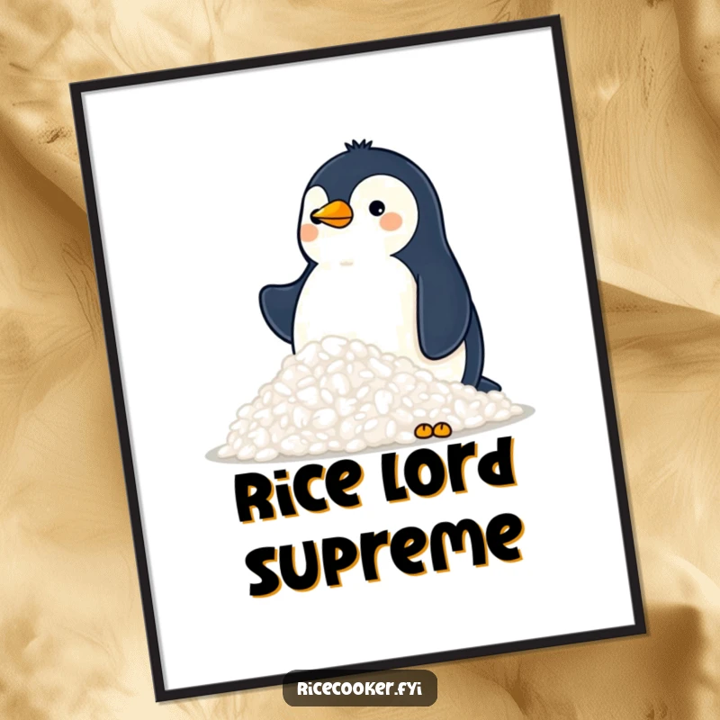 Funny digital art print of a proud penguin surveying a mountain of fluffy rice, a humorous and charming piece for instant decoration.
