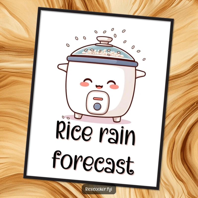 Funny digital art print of a rice cooker erupting in laughter, scattering rice grains like confetti from its lid, ready to adorn your walls.