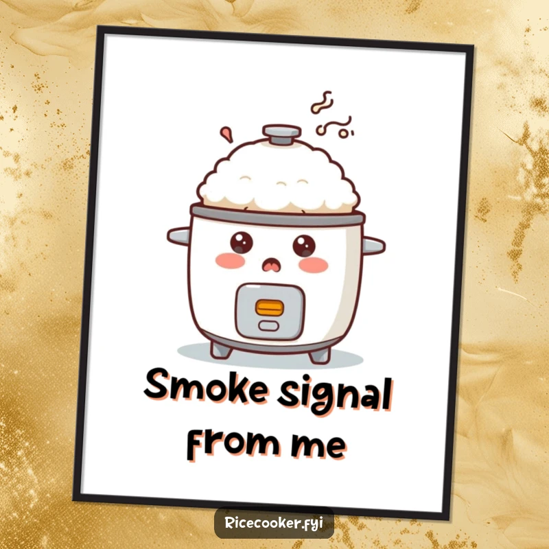Funny surprised rice cooker digital art print showing comical smoke emission, ready for instant humor.