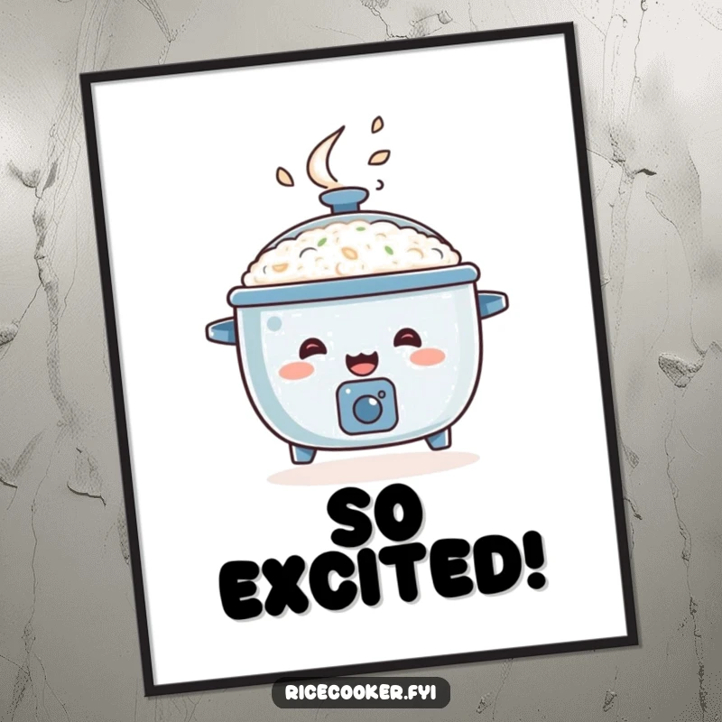 Funny rice cooker digital art, happy appliance bouncing with steam erupting from its lid.