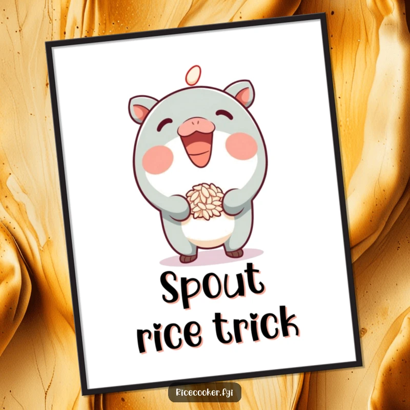 Funny Digital Art Print of a grinning character balancing a grain of rice on its spout, capturing a moment of playful skill and humor.