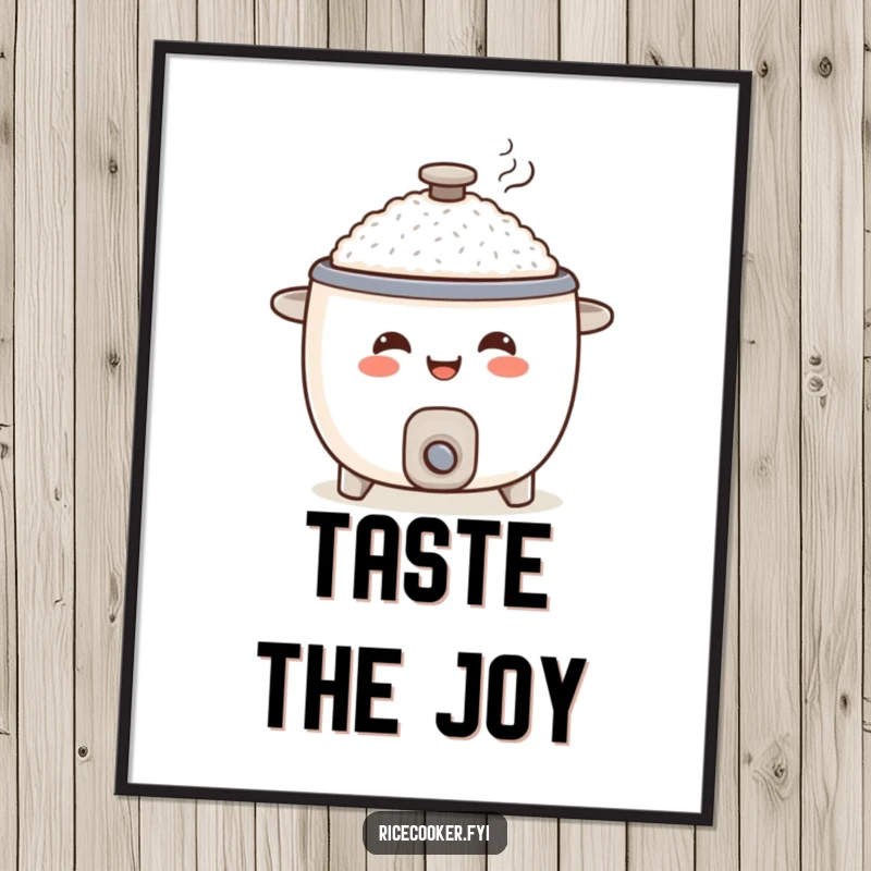 Funny rice cooker digital art, smiling appliance character serving a portion, printable kitchen art.
