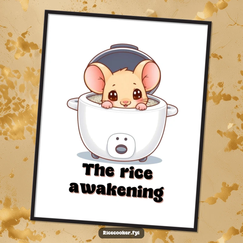Funny mouse with wide, wondering eyes peeking into a rice cooker, high-quality digital art print, instant decor.