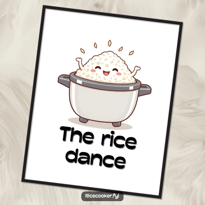 Funny dancing rice digital art print capturing a happy pile of cooked rice joyfully dancing within an open rice cooker.