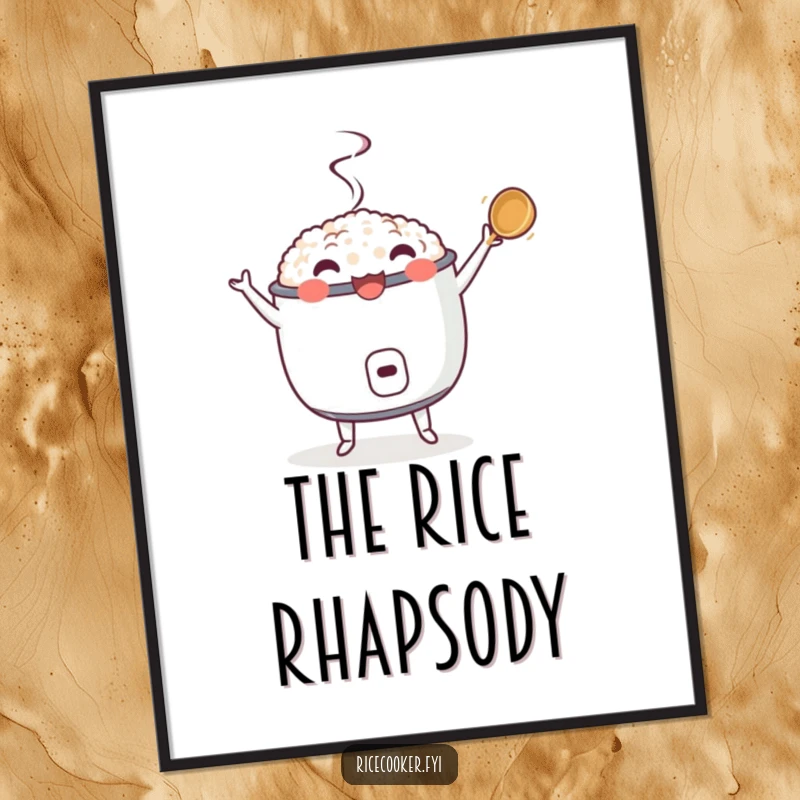 Funny digital art of a dancing rice cooker with a twirling ladle, high-resolution humorous printable decor for a lively atmosphere.