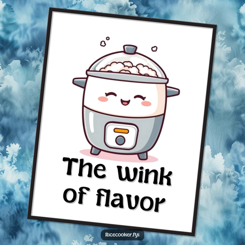 Funny digital art of a rice cooker playfully winking with steam, high-resolution humorous printable decor for a cheeky atmosphere.
