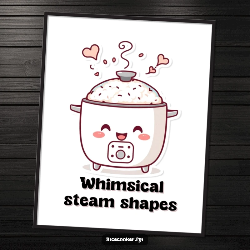Funny whimsical steam digital art print capturing a smiling rice cooker with steam artfully forming enchanting and playful shapes.