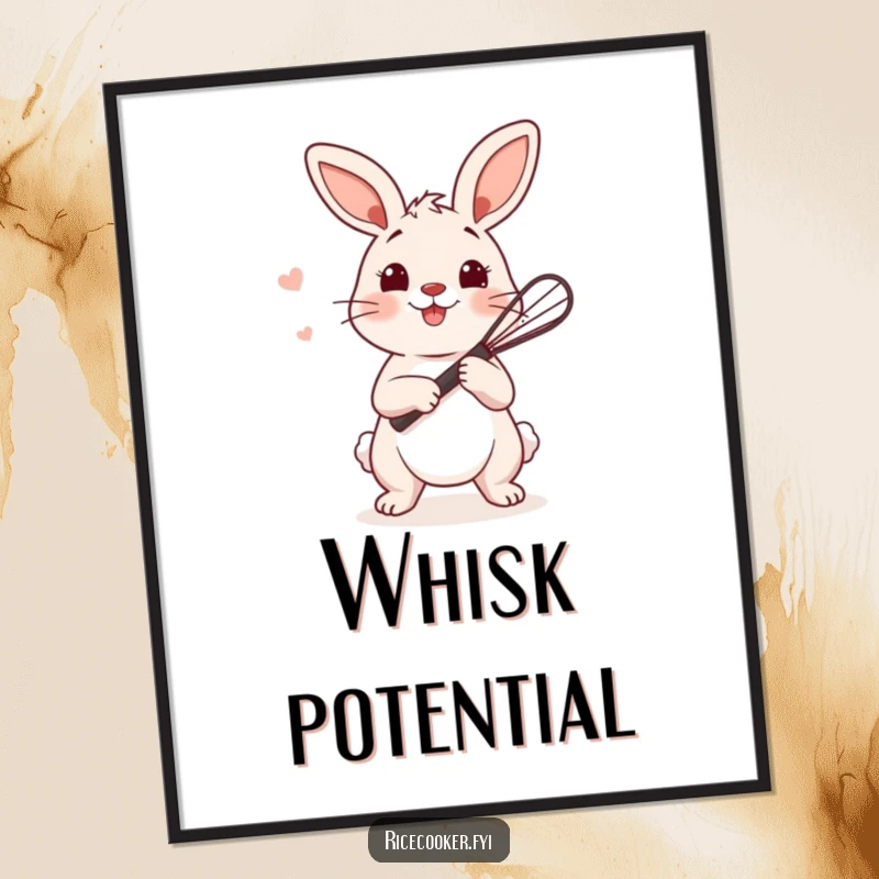 Funny bunny digital art print of a playful bunny holding a tiny whisk, ready to stir rice, for instant display.