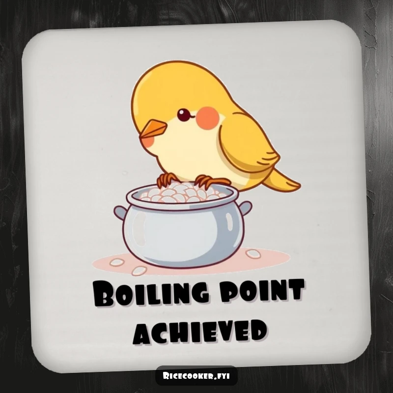 Funny determined bird tending a bubbling rice pot on a drink coaster, a stylish and humorous accessory.