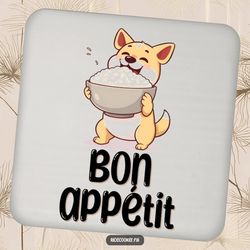 Funny dog rice coaster. A happy dog excitedly presents a giant bowl of steaming rice, preventing drink rings.