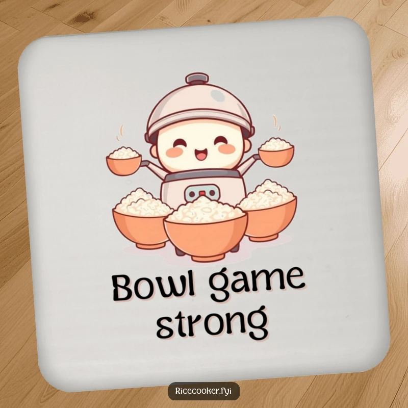 Funny rice cooker drink coaster with a tiny, smiling appliance amusingly juggling multiple bowls of rice, adding humor to tabletops.