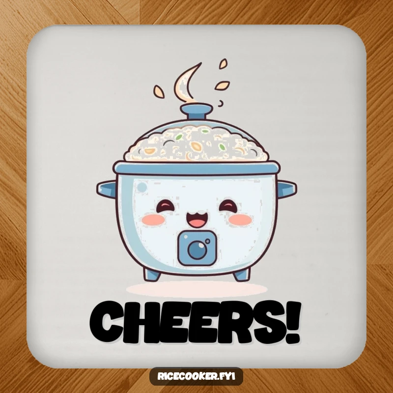 Funny rice cooker coaster, happy appliance bouncing with steam, energetic table protection.