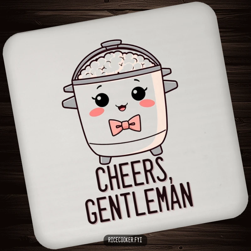 Funny drink coaster featuring a proud rice cooker wearing a bow tie. Protects surfaces with humorous charm, great funny gift.