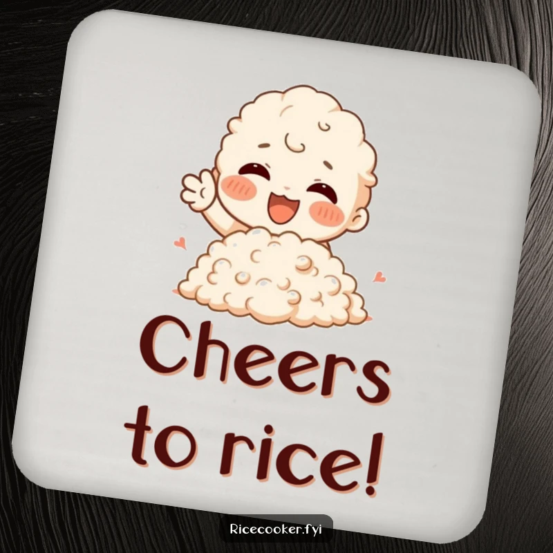 Funny Drink Coaster with a character joyfully gesturing towards a fluffy mound of rice, a humorous and protective accessory.
