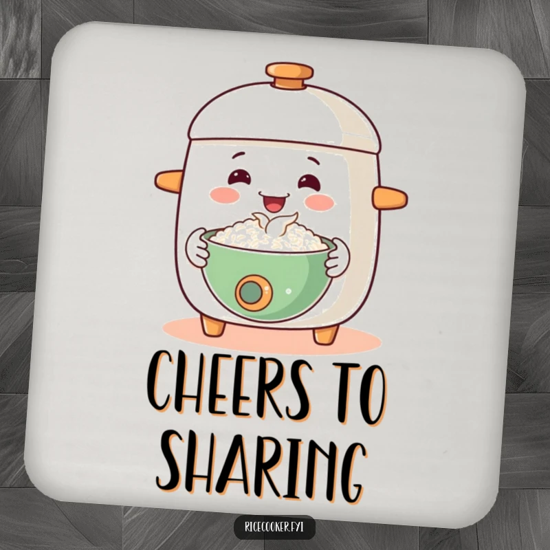 Funny drink coaster showcases a happy rice cooker offering a steaming bowl with a welcoming gesture, a humorous home accessory.