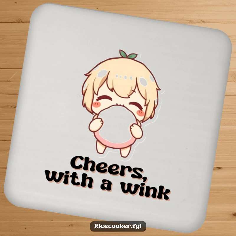 Funny drink coaster with a character giving a playful wink while holding a perfectly formed rice ball, adding charm to any table.