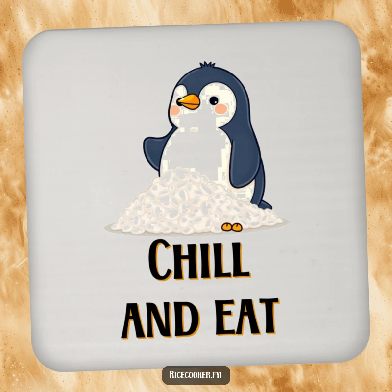 Funny drink coaster with a proud penguin surveying a mountain of rice, a humorous and practical addition to any home.