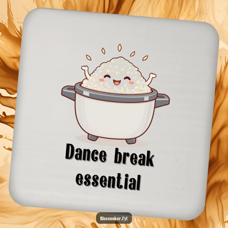 Funny dancing rice drink coaster showing a happy pile of cooked rice dancing inside an open rice cooker, ideal for party tables.