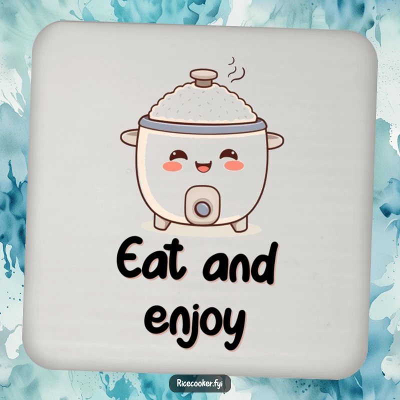 Funny rice cooker coaster, smiling appliance character serving a portion, kitchen table protection.