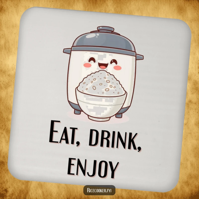 Funny rice cooker excitedly offering fluffy rice, a coaster set that adds culinary charm and protection to any surface.