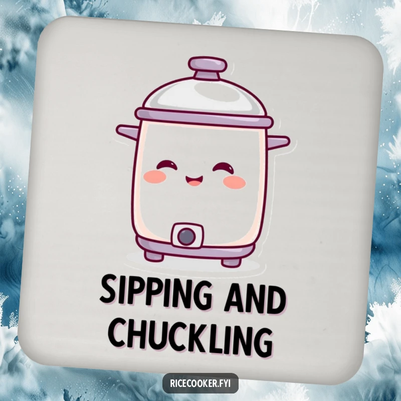 Funny smiling rice cooker character with lid tilted in amusement, on a coaster for surfaces.