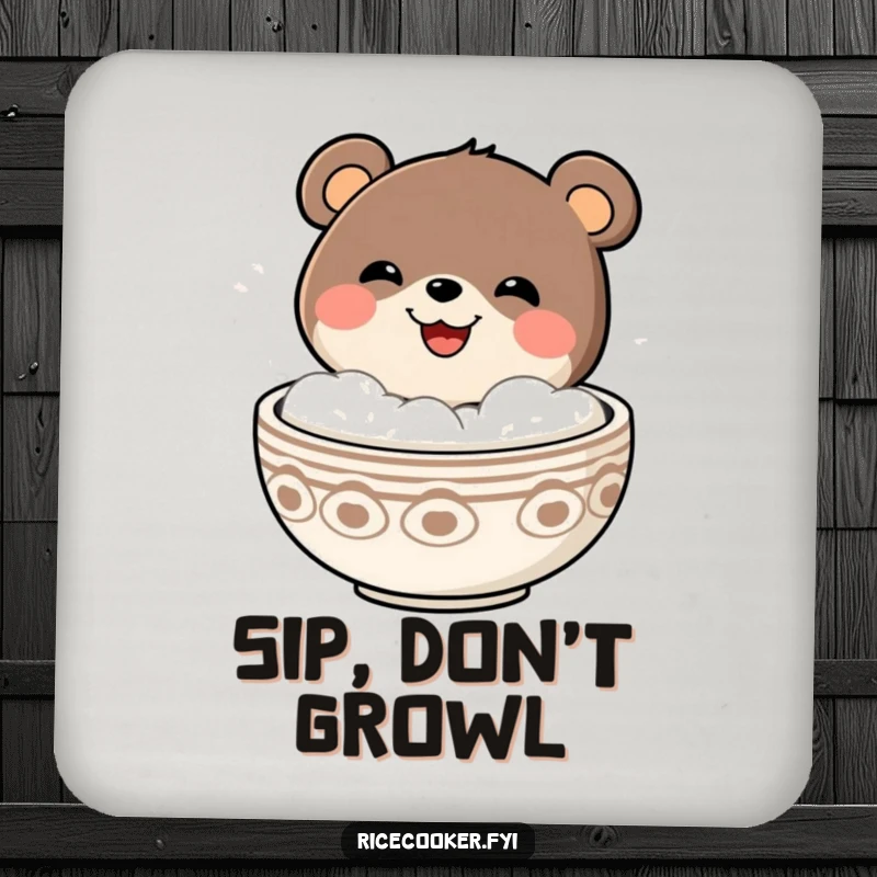 Funny bear with a wide grin popping out of a steaming bowl, designed as a humorous round drink coaster.