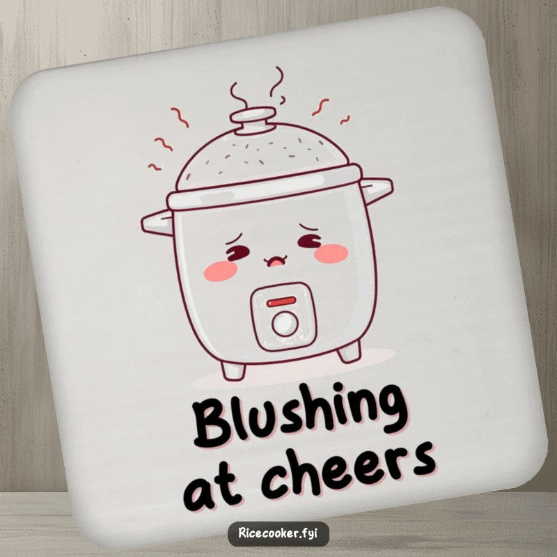 Funny drink coaster showcases a shy rice cooker blushing with rosy cheeks and steam rising like embarrassed sighs, a humorous home accessory.