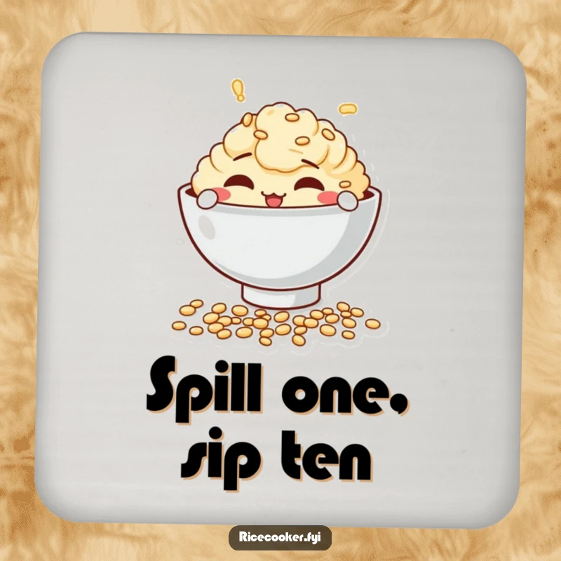 Funny drink coaster depicting a mischievous bowl character playfully spilling uncooked grains, protecting surfaces with humor.