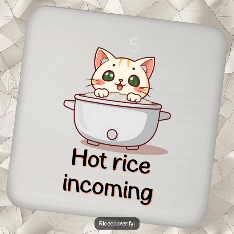 Funny surprised cat peeking over a steaming rice cooker lid, steam swirling, a humorous and protective drink coaster.