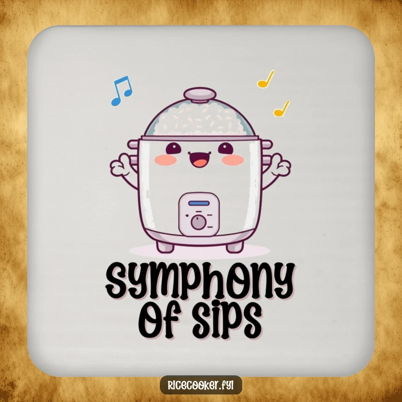 Funny drink coaster showcases a cheerful rice cooker conducting an orchestra with its arms, a humorous and stylish home accessory.