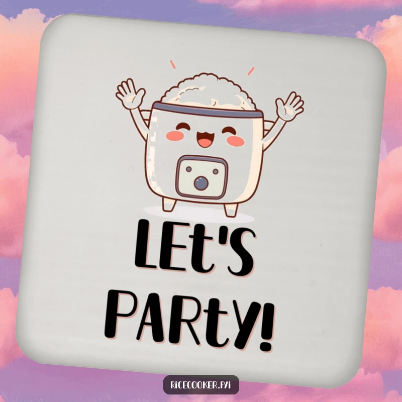 Funny drink coaster featuring an excited rice cooker with its small arms waving. Protects surfaces with a humorous touch, great funny gift.