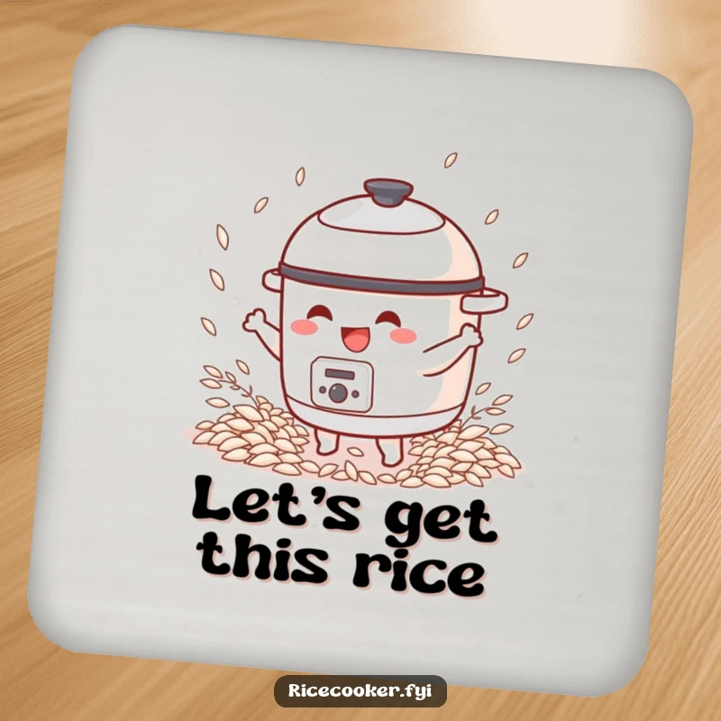 Funny coaster depicting a happy rice cooker character dancing joyfully amidst scattered rice grains.