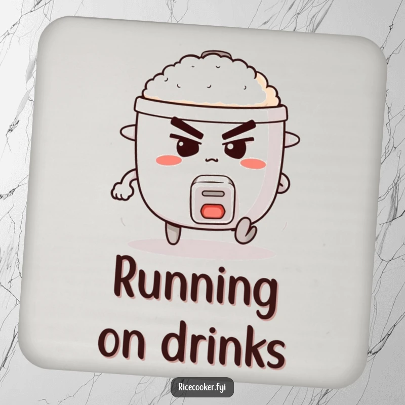 Funny drink coaster depicting a determined rice cooker with legs, comically running, symbolizing unstoppable drive.