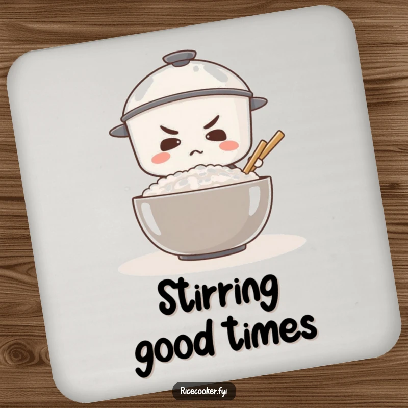 Funny drink coaster featuring a determined rice cooker stirring a giant bowl of rice, protecting surfaces with humor.