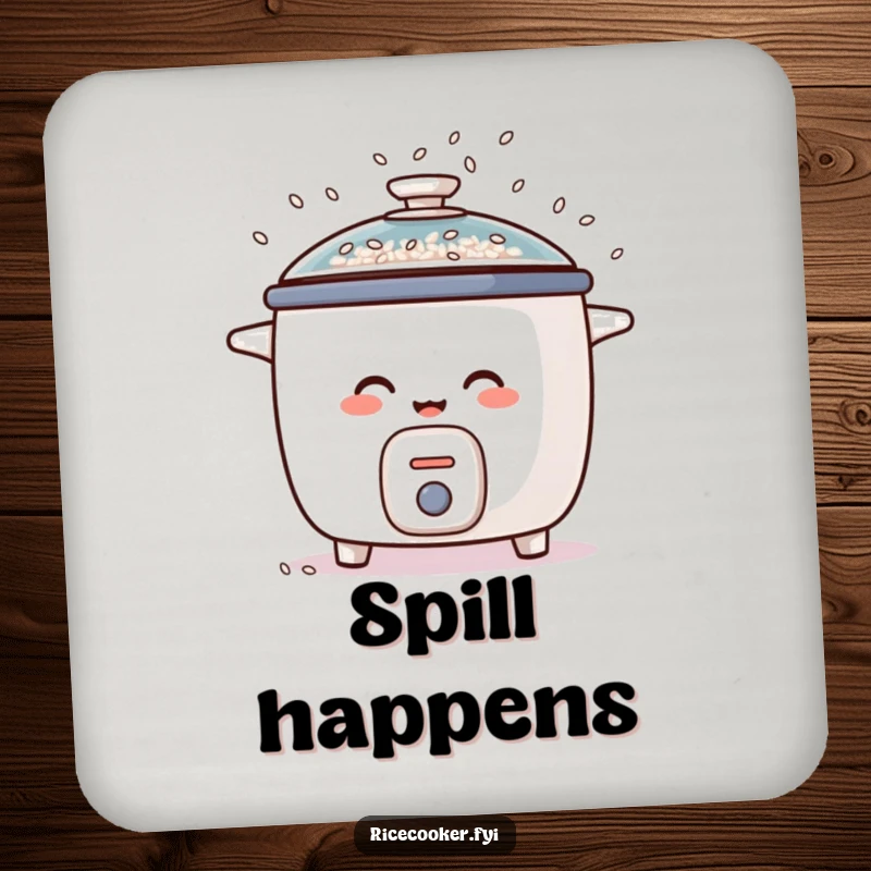 Funny drink coaster showcases a rice cooker giggling hysterically, with rice grains scattered like confetti from its lid, a humorous home accessory.