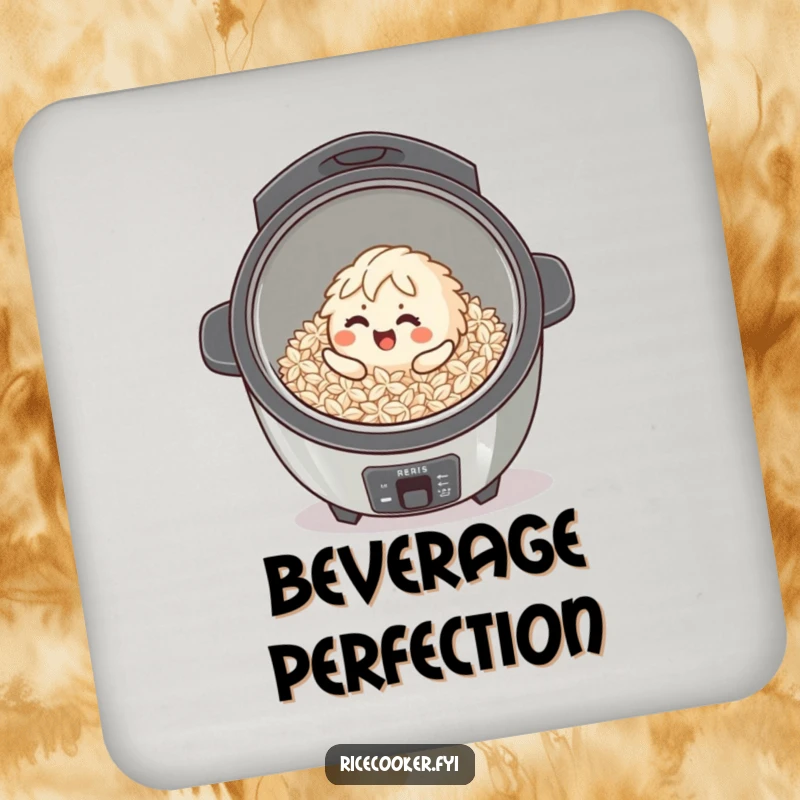 Funny giggling rice grain character rolling inside a clean cooker on a coaster, bringing joy.