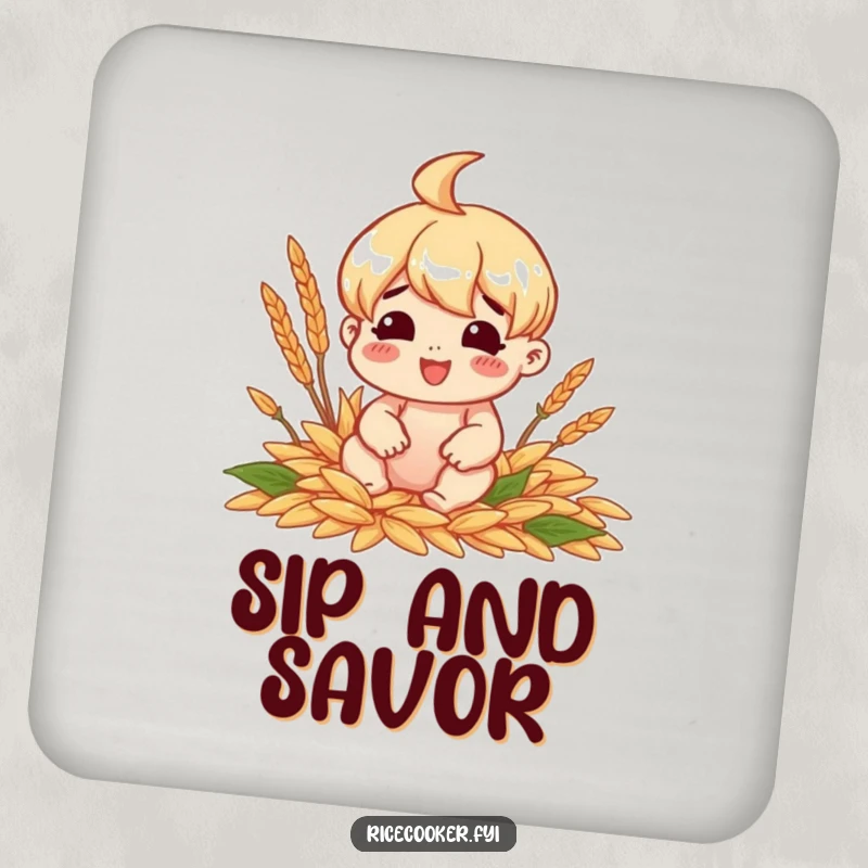 Funny drink coasters featuring a cheerful character sitting happily surrounded by perfectly cooked grains, adding foodie flair.
