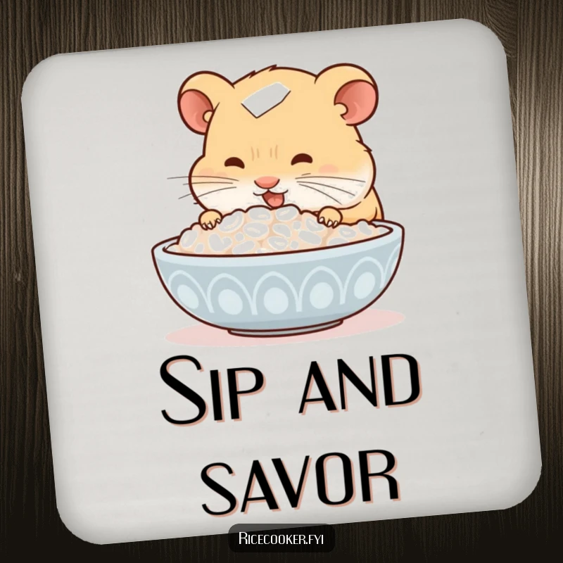 Funny hamster drink coaster, happily sniffing a bowl of rice, protects surfaces, adds a touch of cute food-themed decor.