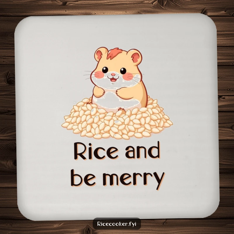 Funny drink coasters adorned with a happy hamster merrily rolling in a mountain of fluffy rice grains, adding humor to your table.