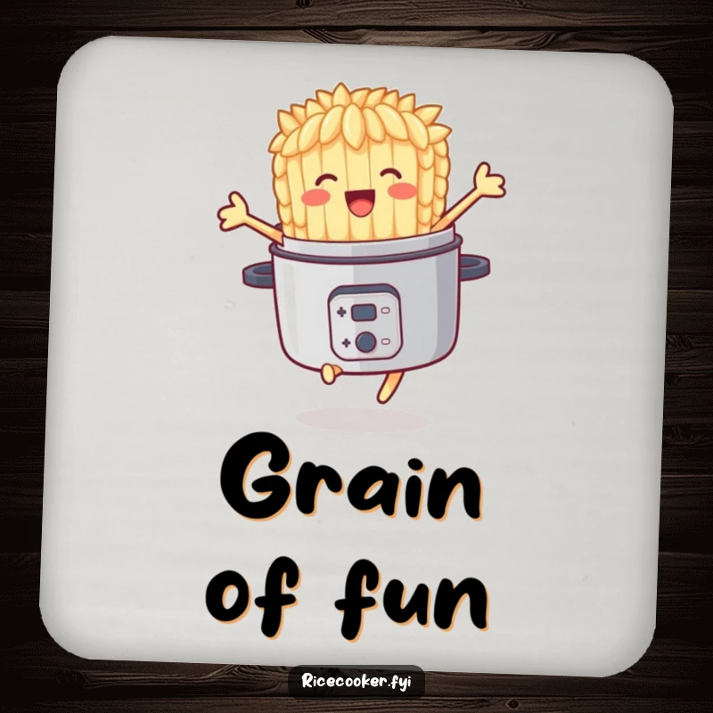 Funny drink coaster depicting a delighted rice grain character joyfully jumping out of a rice cooker, adding cheerful decor.