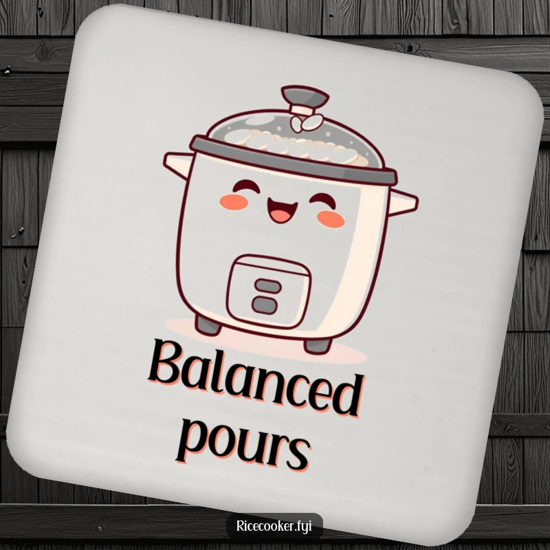 Funny drink coaster featuring a laughing rice cooker with a tiny grain of rice balanced on its spout, for surface protection.