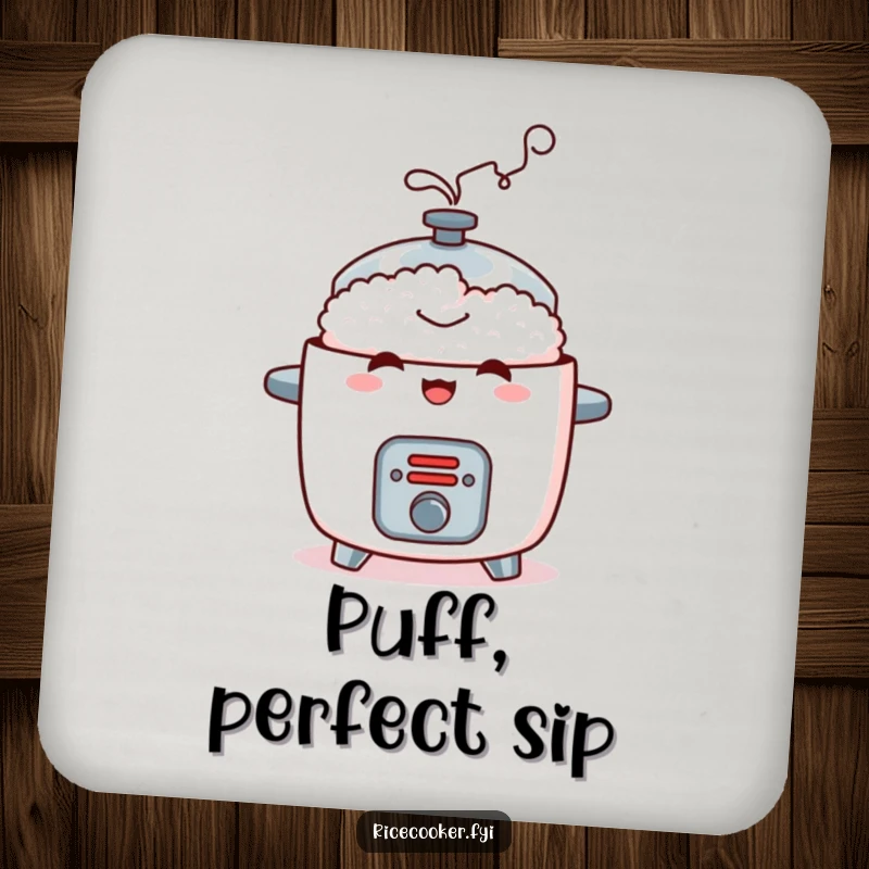 Funny drink coaster featuring a mischievous rice cooker with a contented steam puff, a humorous and protective kitchen essential.