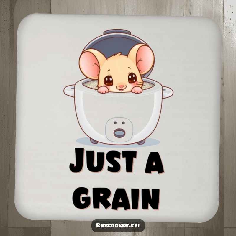 Funny mouse peeking into a rice cooker on a drink coaster, a humorous addition to any table setting.