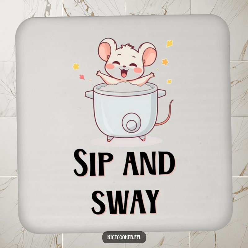 Funny mouse drink coaster, dancing around a rice cooker, protects surfaces, adds a touch of cute kitchen-themed decor.