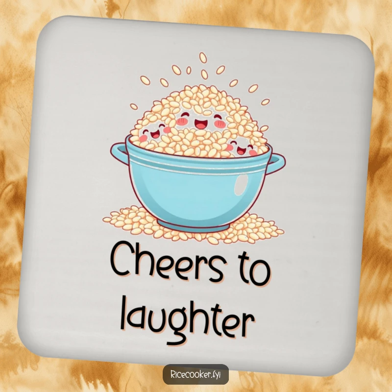 Funny overflowing rice drink coaster showing a pot of laughing rice grains spilling out, perfect for cheerful tables.