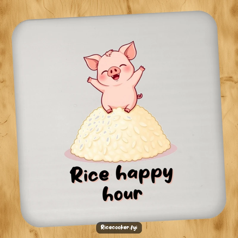 Funny pig coaster showing a giggling pig dancing on perfectly cooked rice, ideal for adding humor to drink service.