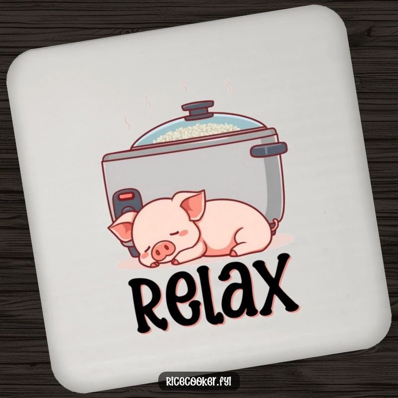Funny piglet coaster. A content piglet naps peacefully next to a gently humming rice cooker, preventing drink rings.