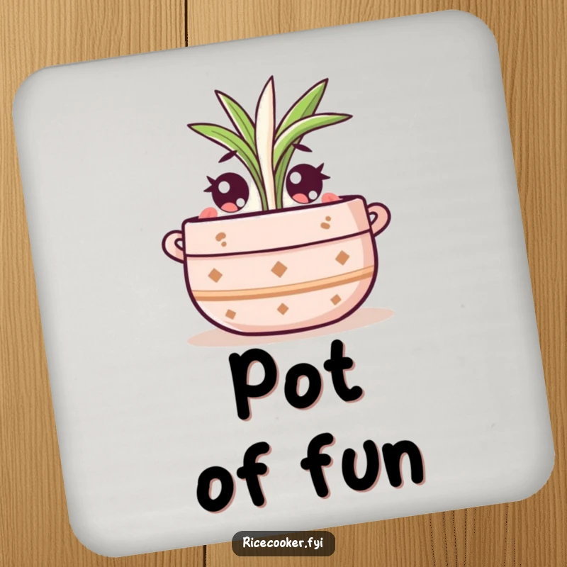 Funny drink coaster depicting a cute pot character with wide eyes, watching a rice sprout, adding charming decor.