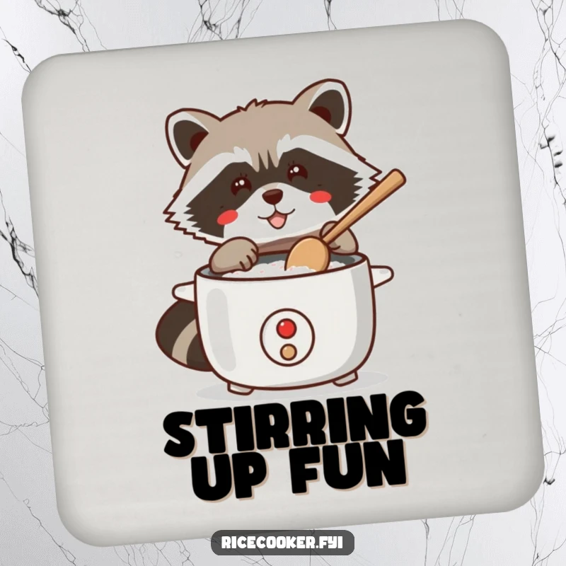 Funny drink coasters showing a mischievous raccoon tapping a rice cooker with a wooden spoon, adding humor to your table settings.
