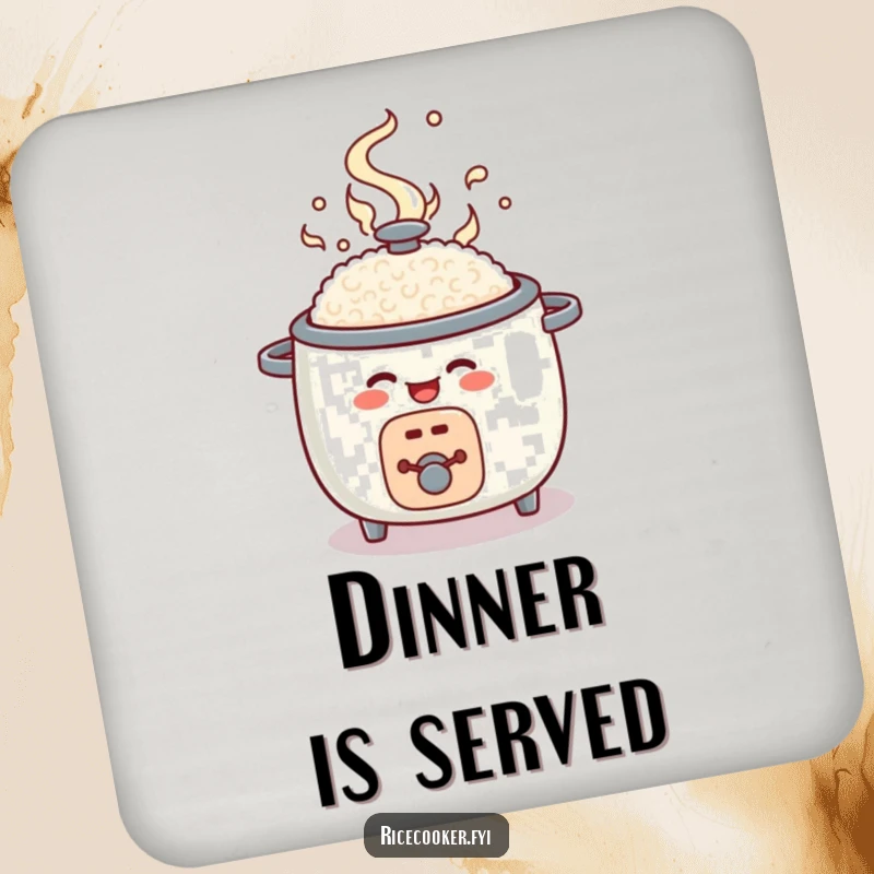 Funny rice cooker coaster, round appliance character joyfully popping open, kitchen table protection.
